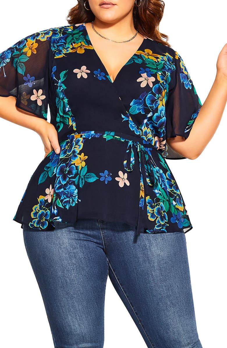 City Chic Midnight Pansy Wrap Top, Main, color,