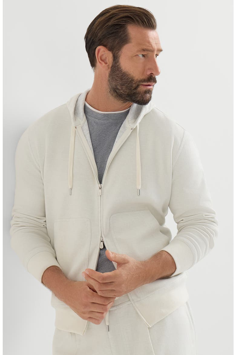 Cashmere and cotton French terry double cloth hooded sweatshirt with zipper, Alternate, color, Off-White