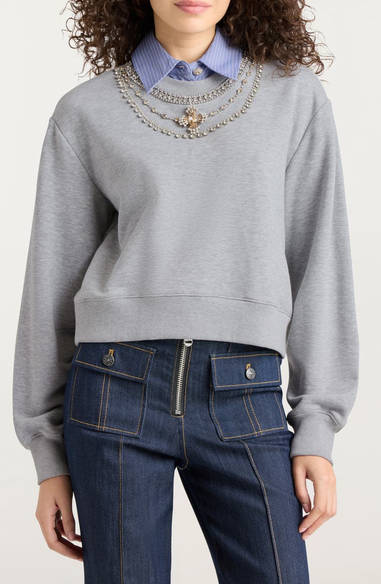 Cinq à Sept Lavina Jewel Embellished Sweatshirt, Main, color, Heather Grey/ Blue Stripe