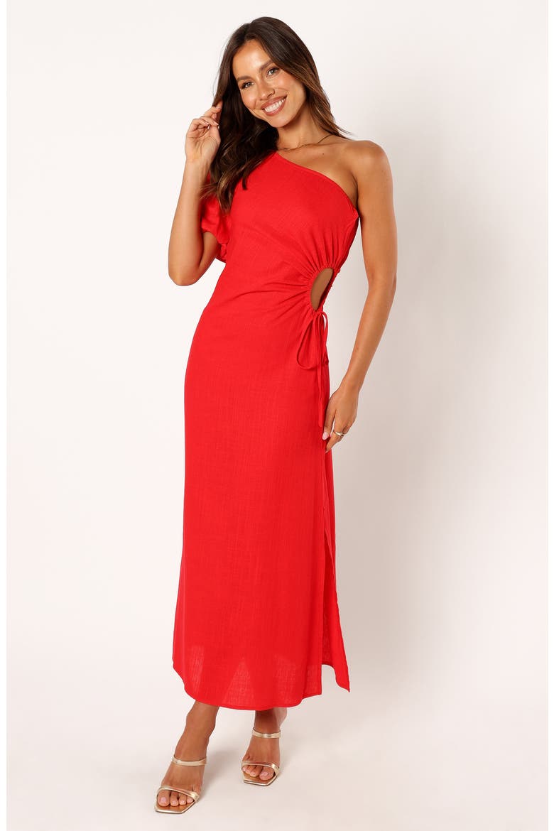 Kimmie Cutout Puff Sleeve One-Shoulder Maxi Dress, Alternate, color, RED