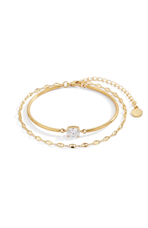 Oval Gemstone Cuff & Petal Chain Bracelet Stack