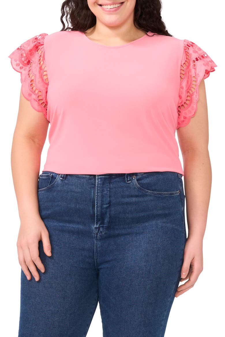 Embroidered Flutter Sleeve Mixed Media Top, Main, color, CONFETTI