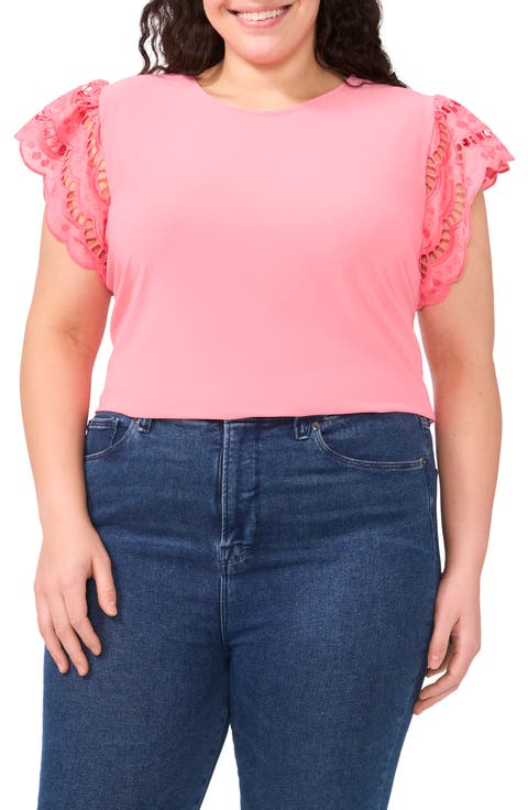Embroidered Flutter Sleeve Mixed Media Top