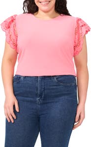 CeCe Embroidered Flutter Sleeve Mixed Media Top