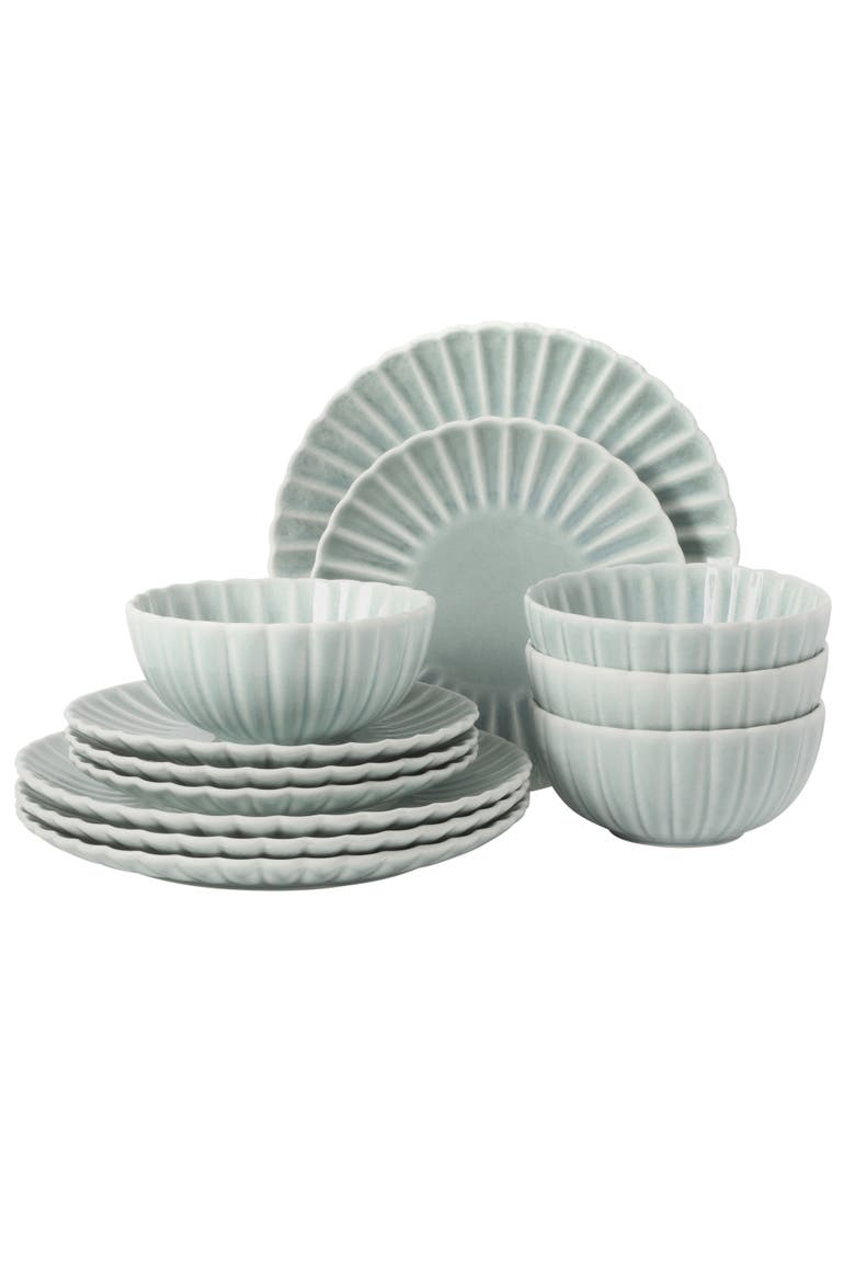 Peach Orchard 12 Piece New Bone China Dinnerware Set, Main, color, Green