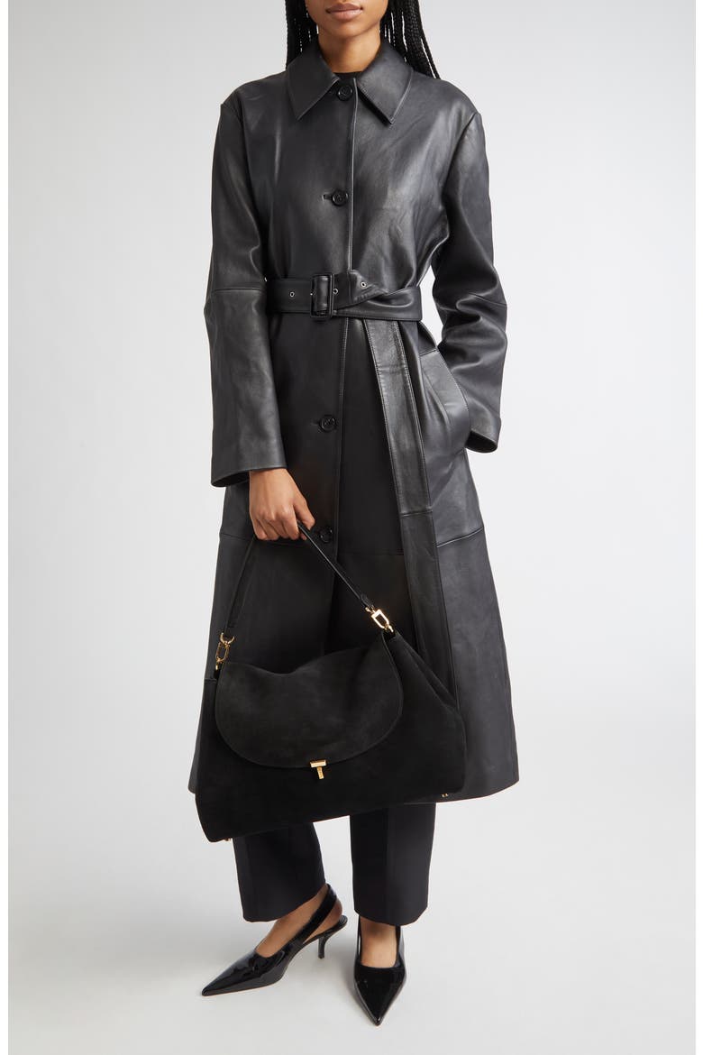Oversize Belted Leather Coat, Alternate, color, BLACK