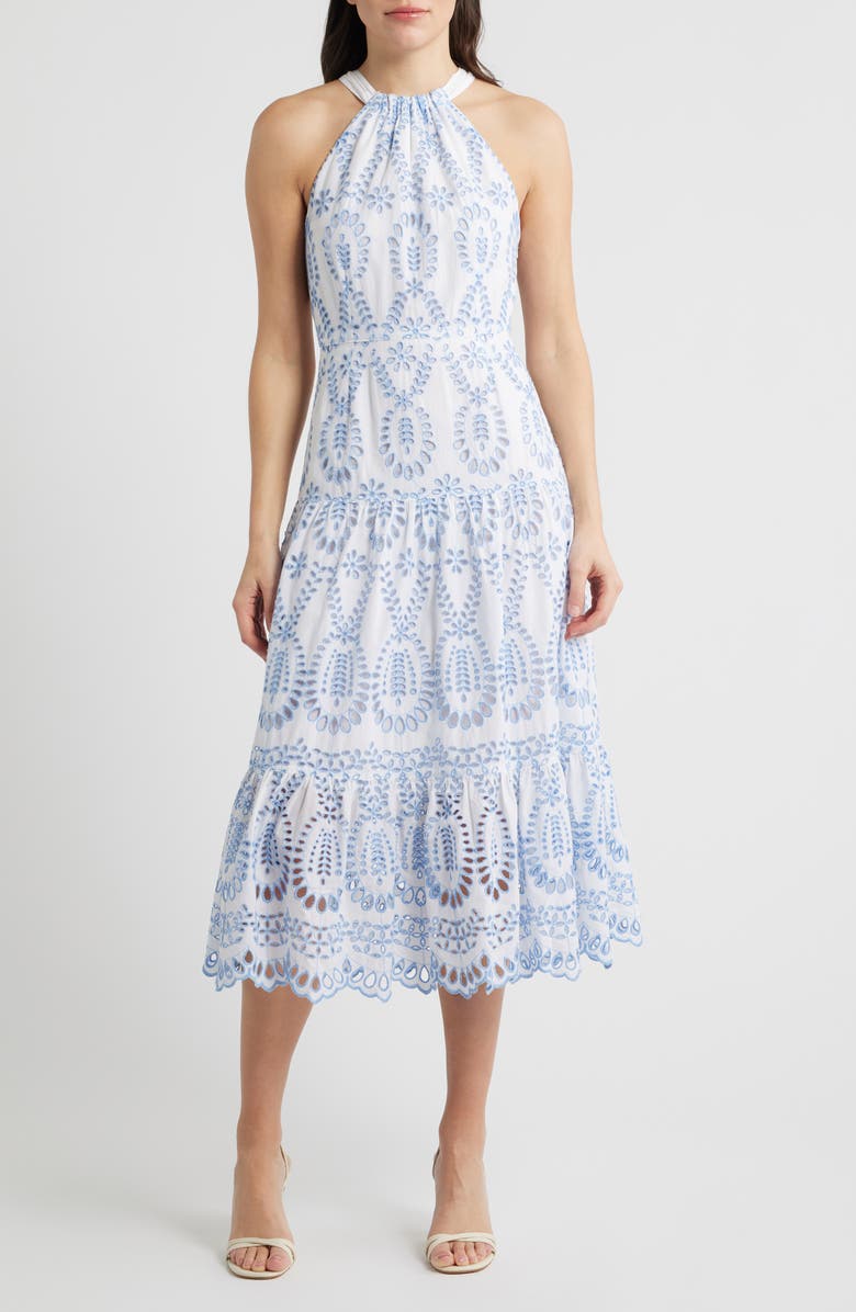 Chelsea28 Cotton Eyelet Tiered Dress, Alternate, color, White- Blue Eyelet