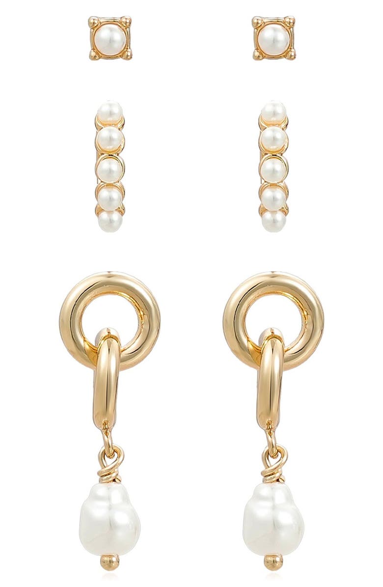 Ettika Baby Faux Pearl Earrings Set, Alternate, color, Gold