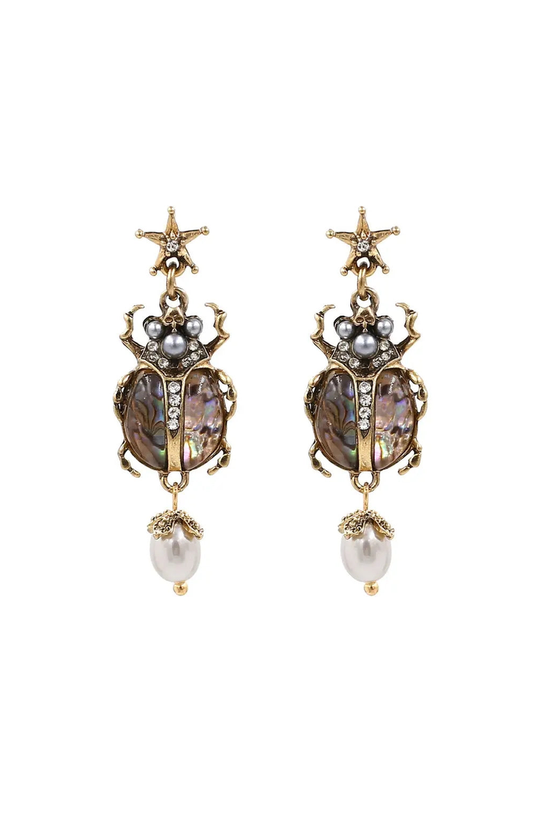 Vintage Scarab Pearl Earrings, Main, color, Burnished Gold