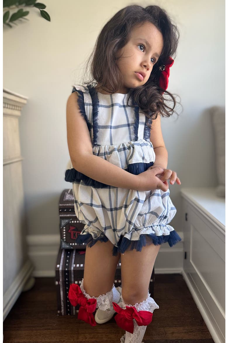 Checkered Linen Ruffle Romper, Alternate, color, Navy Checkered