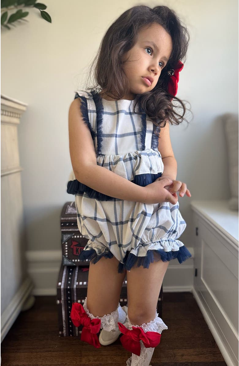 Petite Maison Kids Checkered Linen Ruffle Romper, Alternate, color, Navy Checkered