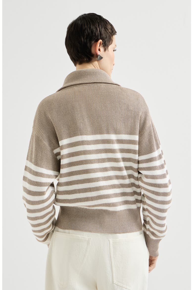 Sparkling cotton striped English rib cardigan with zipper and monili, Alternate, color, Beige
