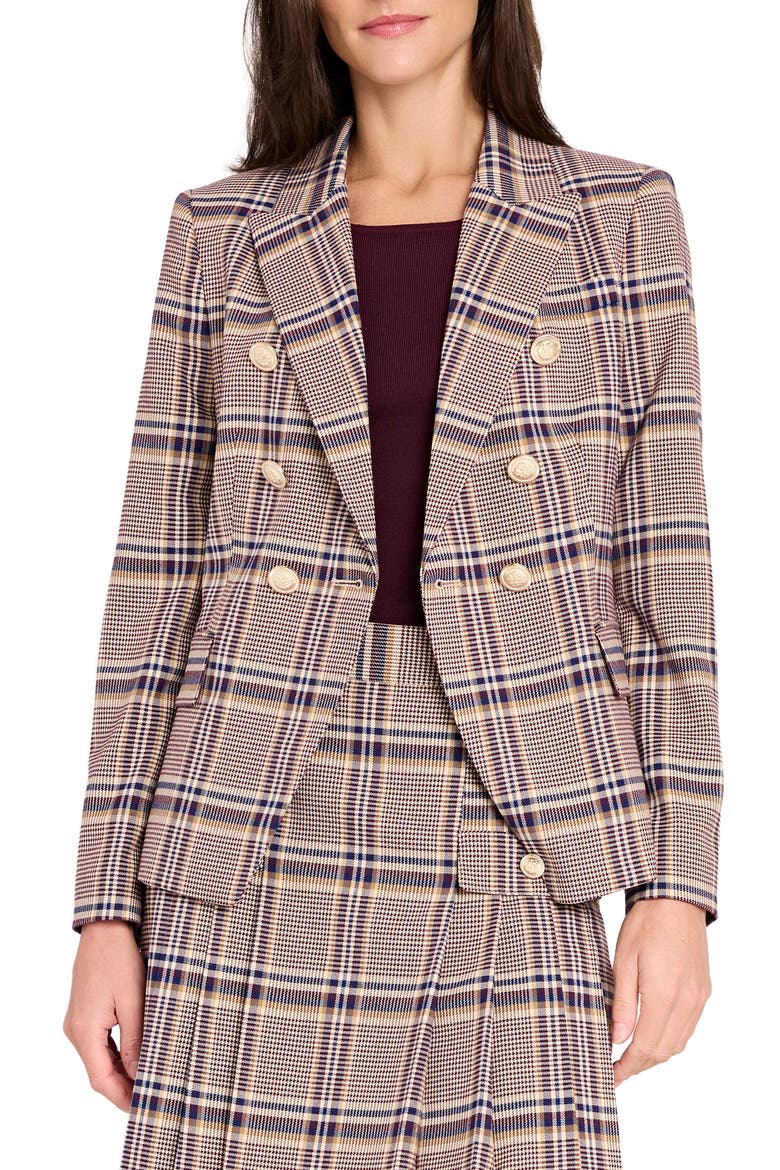 Plaid Double Breasted Blazer, Alternate, color, TAN PLUM