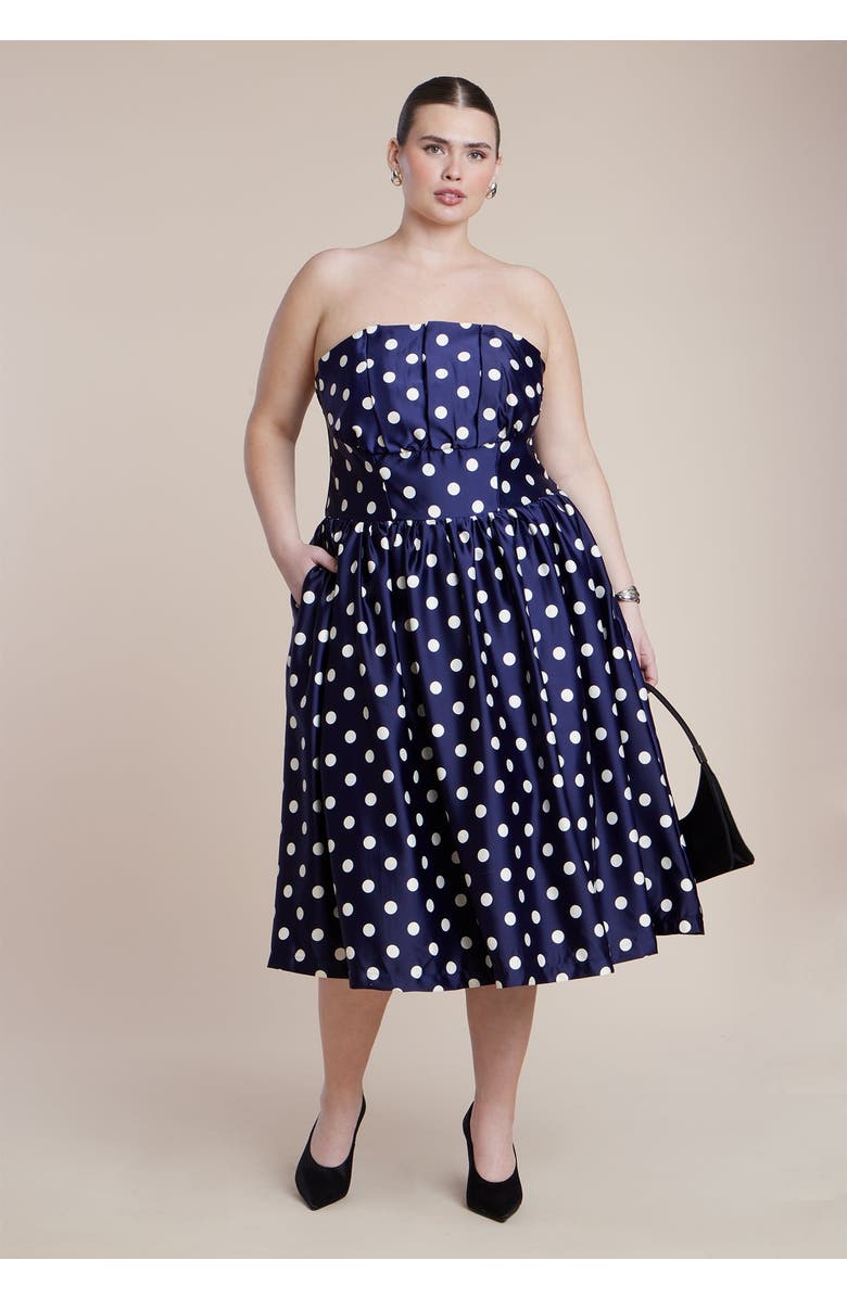 ELOQUII Strapless Polka Dot Flare Midi Dress, Main, color, Evening Dot