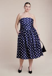 ELOQUII Strapless Polka Dot Flare Midi Dress