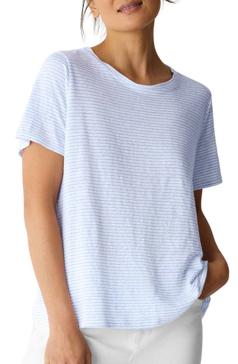 Eileen Fisher Stripe Organic Linen T-Shirt, Main, color, Skylight