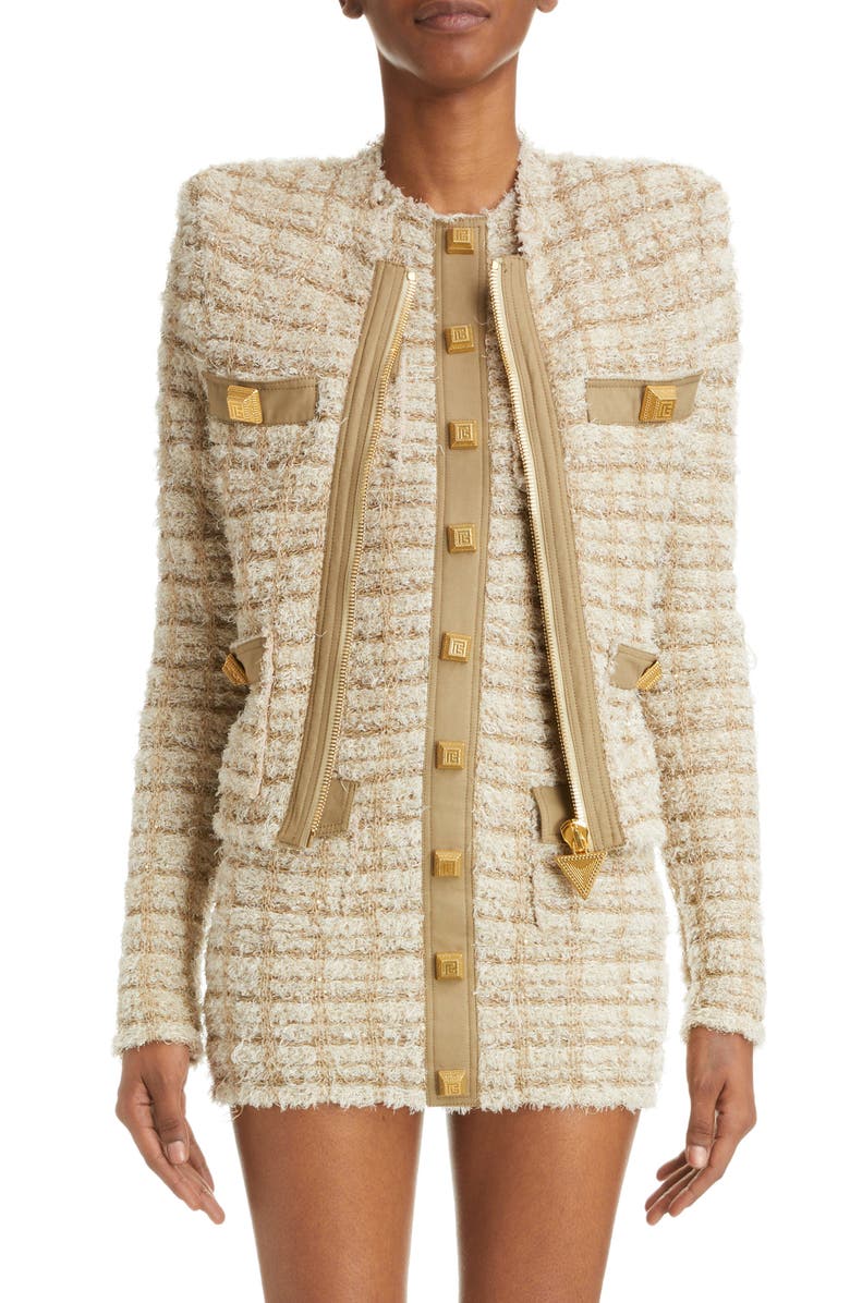 Balmain Collarless Metallic Tweed Jacket, Main, color, 