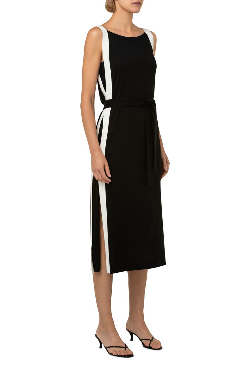 Bateau Neck Stretch Silk Midi Dress, Alternate, color, BLACK/ ECRU