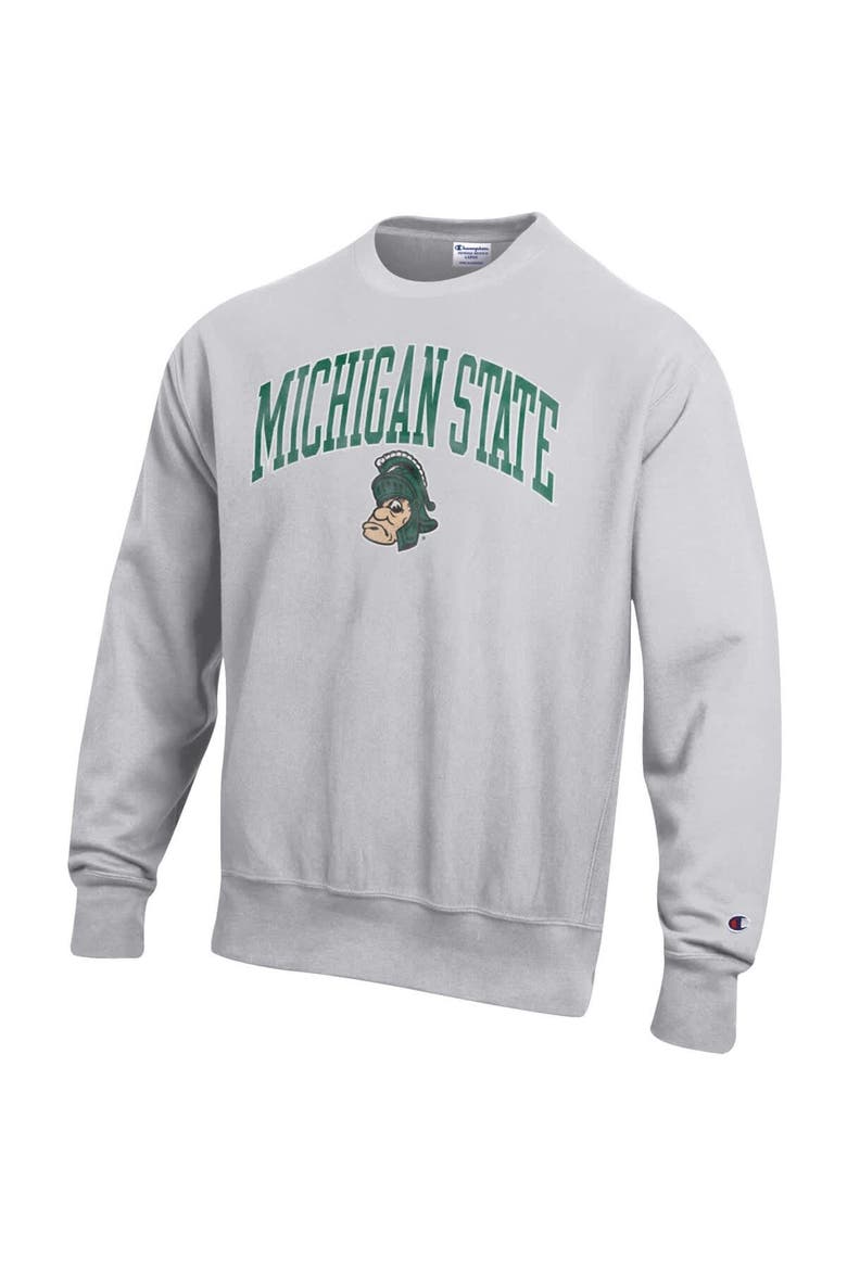 Men's Champion Gray Michigan State Spartans Distressed Arch Over Logo Reverse Weave Crew Neck Sweatshirt, Alternate, color, Gray