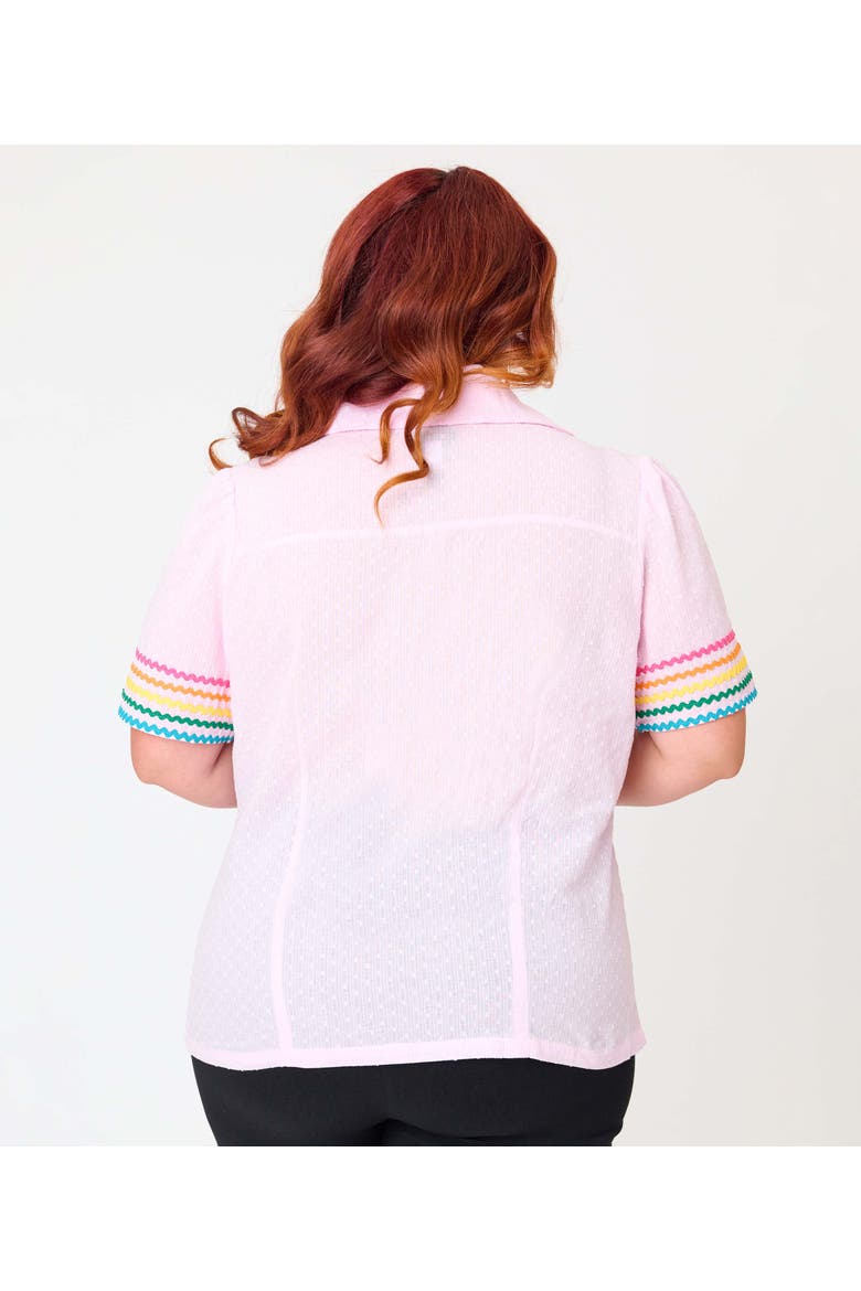 Plus Size 1940s Short Sleeve Collared Button Down Woven Blouse, Alternate, color, Pink w/ Rainbow Print