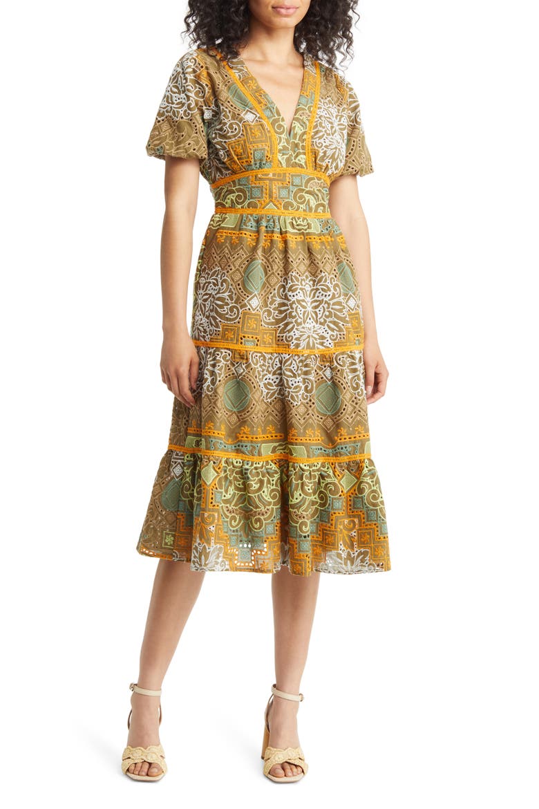Kena Broderie Anglaise Tiered Cotton Dress, Main, color, OLIVE