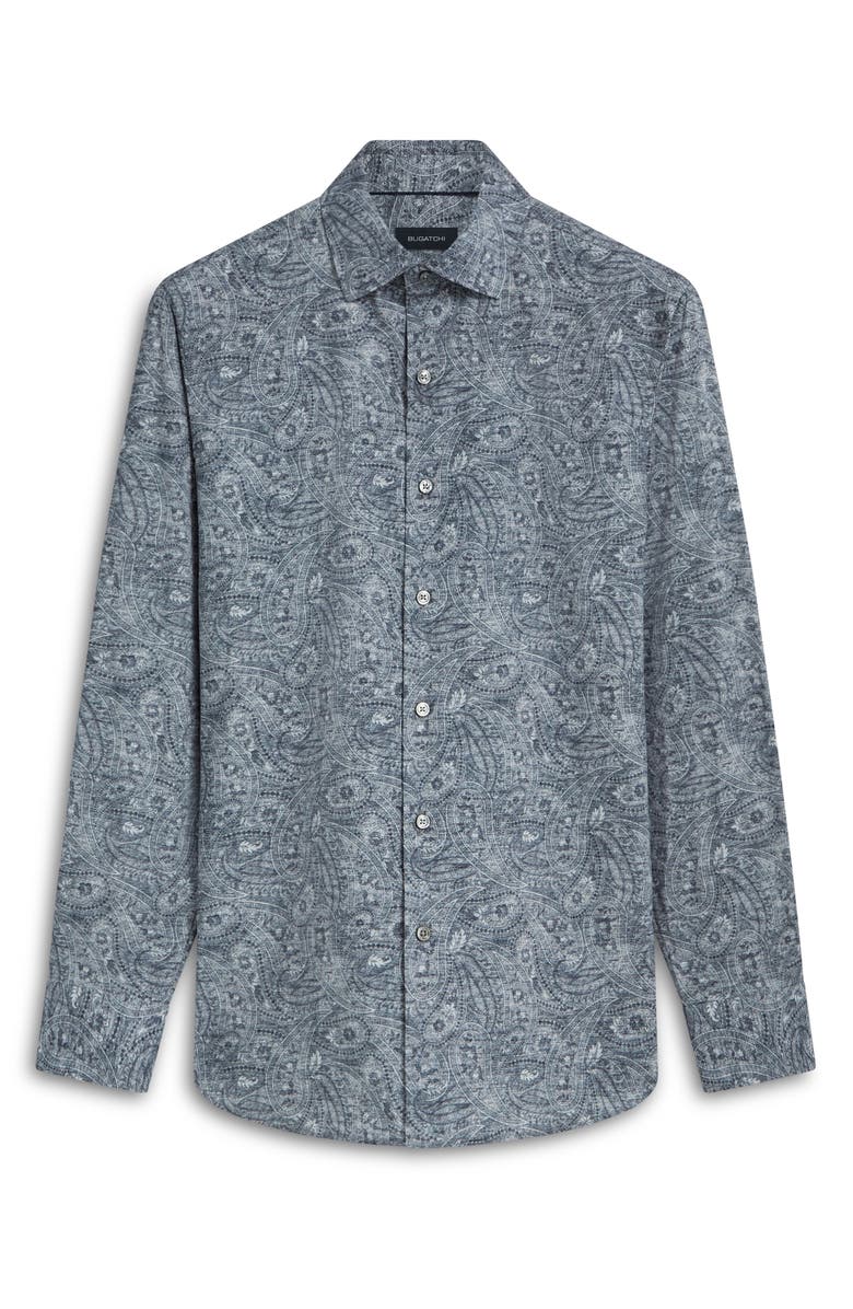 Bugatchi Axel Paisley Print Stretch Cotton Button-Up Shirt, Alternate, color, Cement