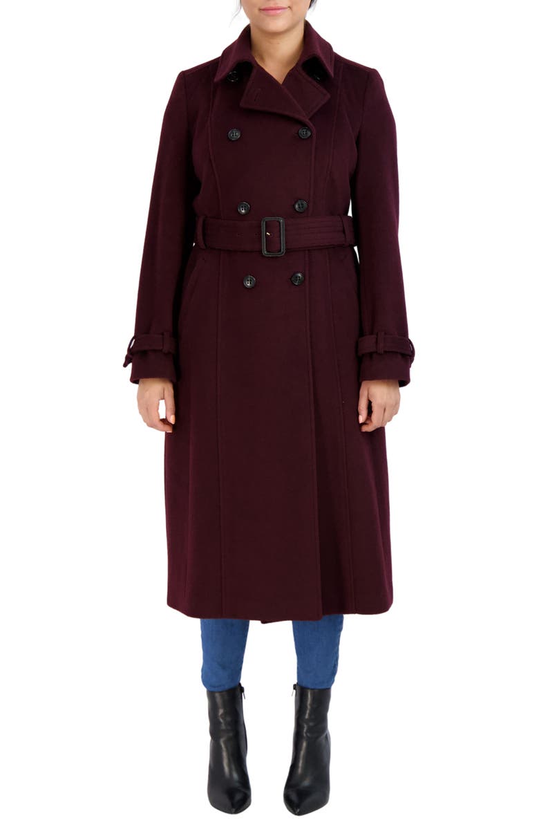 Cole Haan Signature Slick Belted Double Breasted Trench Coat, Main, color, Bordeaux
