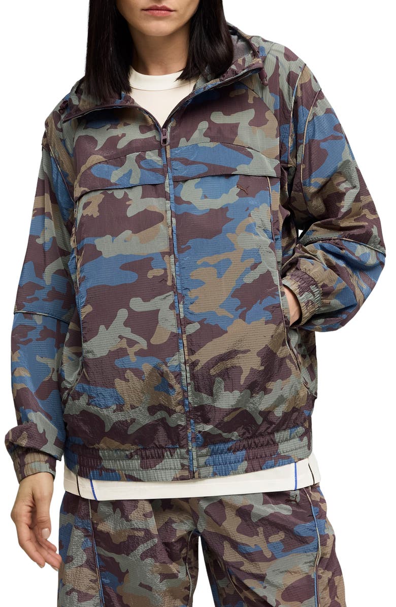 PUMA CLRT Camo Hooded Zip Jacket, Main, color, Raisin