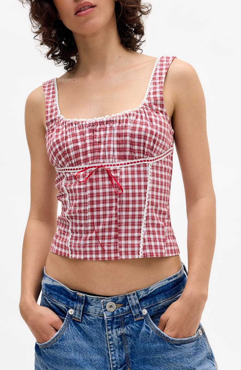 BDG Urban Outfitters Lena Rickrack Trim Check Linen Blend Camisole, Main, color, Red Check
