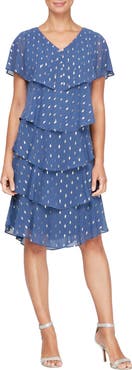 SL FASHIONS Cape Top Metallic Printed Tiered Dress