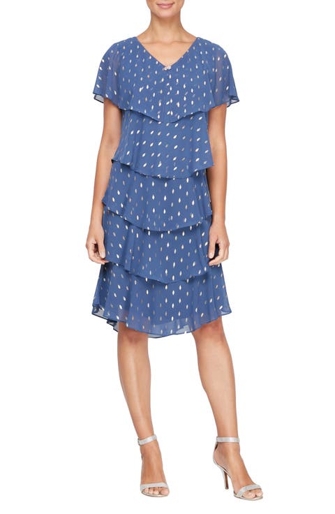 SL FASHIONS Cape Top Metallic Printed Tiered Dress (Petite)
