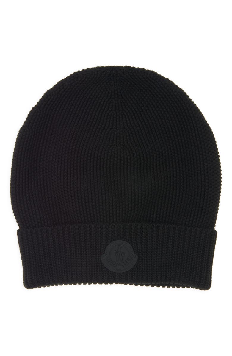 Moncler Logo Patch Cotton Rib Beanie, Main, color, Black