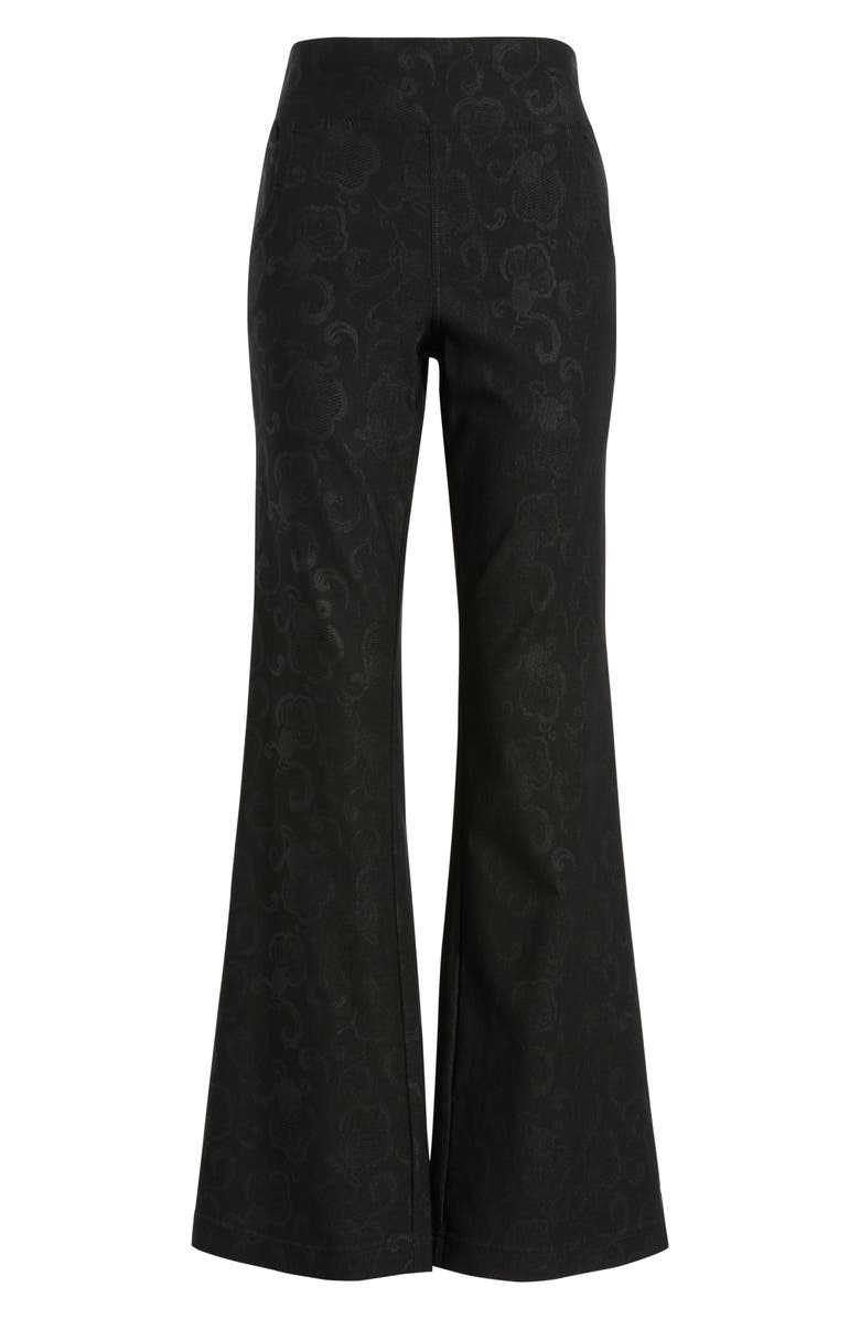 Hue High Waist Etched Floral Flare Leg Pants, Alternate, color, Black