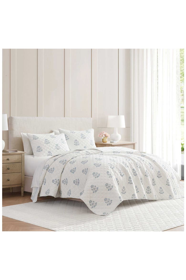 Flower Block Printed Cotton Quilt Set, Alternate, color, WINTER BLUE