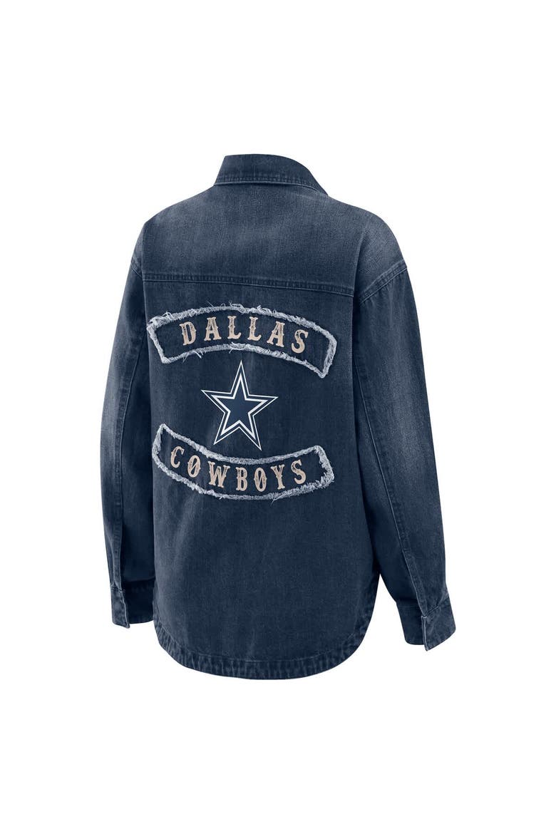 Women's WEAR by Erin Andrews Denim Dallas Cowboys Washed Oversized Denim Full-Snap Shacket, Alternate, color, Denim