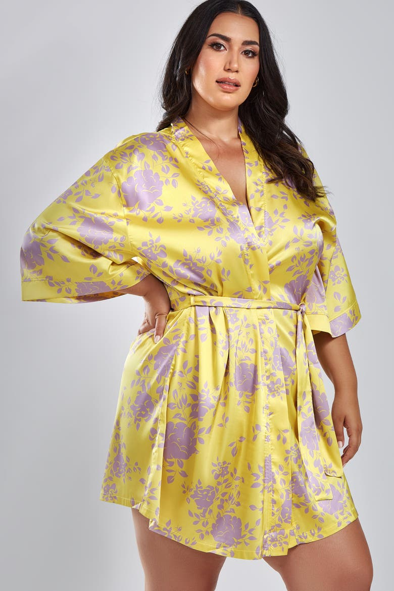Floral Printed Satin Robe, Alternate, color, Yellow-Purple