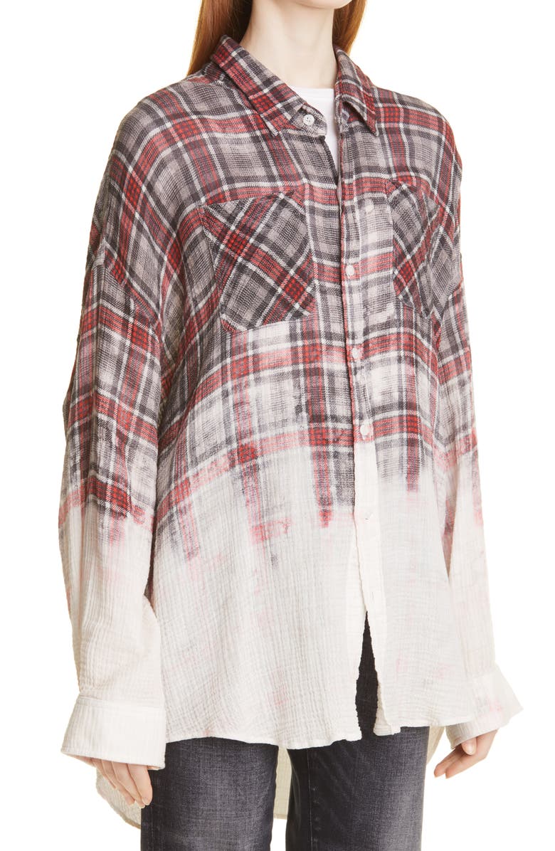 R13 Bleach Dip Plaid Oversize Cotton Button-Up Shirt, Alternate, color,
