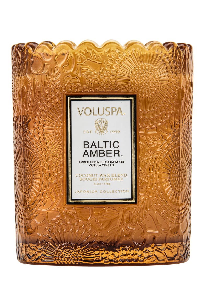 Japonica Baltic Amber Scalloped Edge Embossed Glass Candle, Main, color, BALTIC AMBER