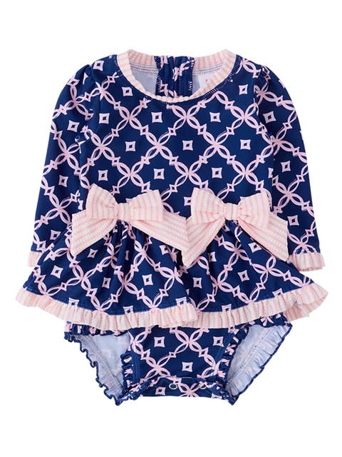 UPF50+ Long Sleeve One Piece Bow Peplum Rash Guard Swimsuit
