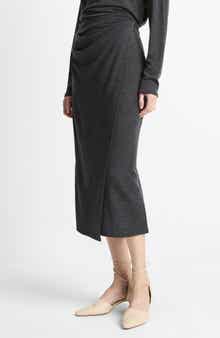 Ruched Wool Blend Knit Midi Skirt