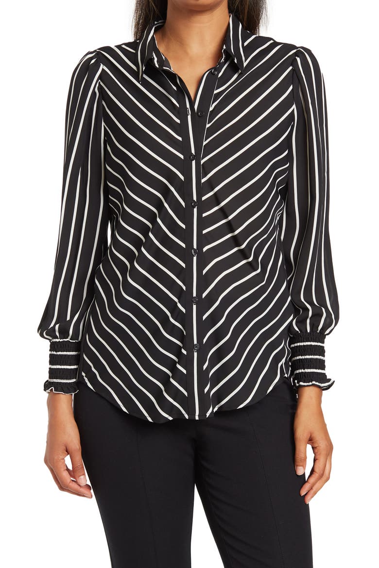 Smocked Cuff Collared Blouse, Main, color, BLACK/ MARSHMALLOW STRIPE