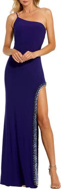 Mac Duggal Asymmetrical One Shoulder Embellished Thigh High Jersey Gown