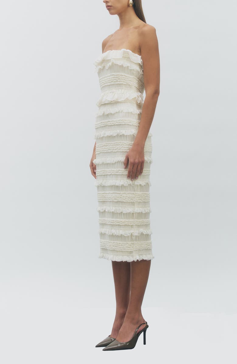 MAUDE CLUB Annalise Shirred Ruffle Trim Tiered Midi Dress, Alternate, color, Ivory