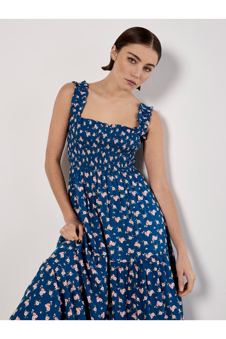 Spaced Ditsy Smocked Tiered Dress, Alternate, color, Blue