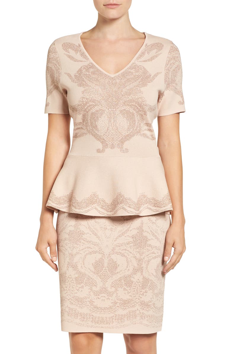 Ivanka Trump Metallic Knit Peplum Top, Main, color, 