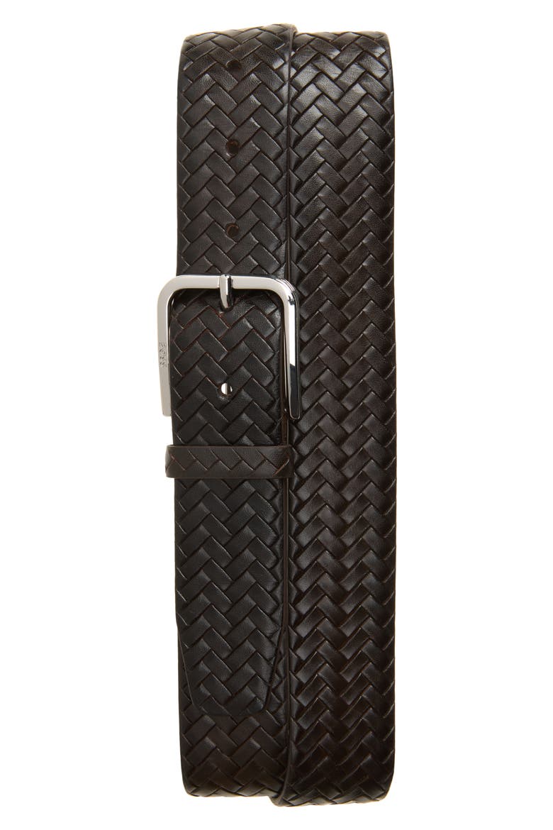 Madison Woven Leather Belt, Main, color, DARK BRN