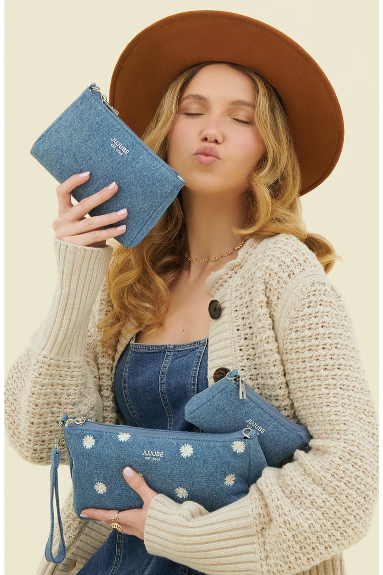 x Sazan Set of 3 Cotton Canvas Pouches, Alternate, color, DENIM DAISIES