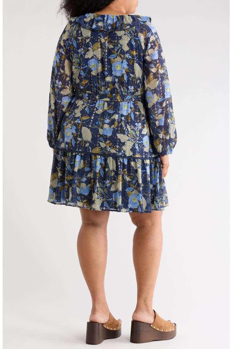 Long Sleeve Ruffle Minidress, Alternate, color, NAVY- OLIVE JACOBEAN BLOOM