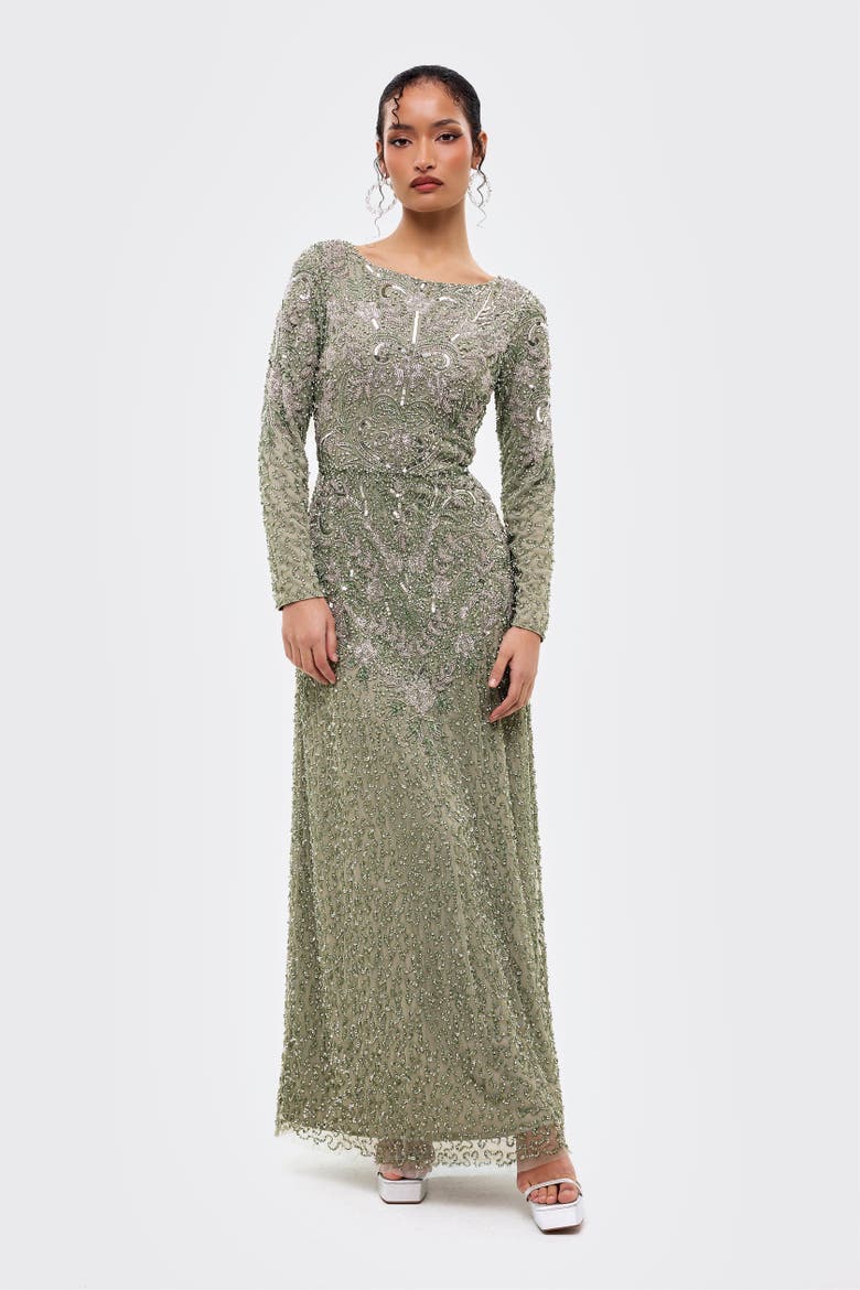 Modest Embellished Sequins Fitted Maxi Gown, Main, color, SAGE GREEN