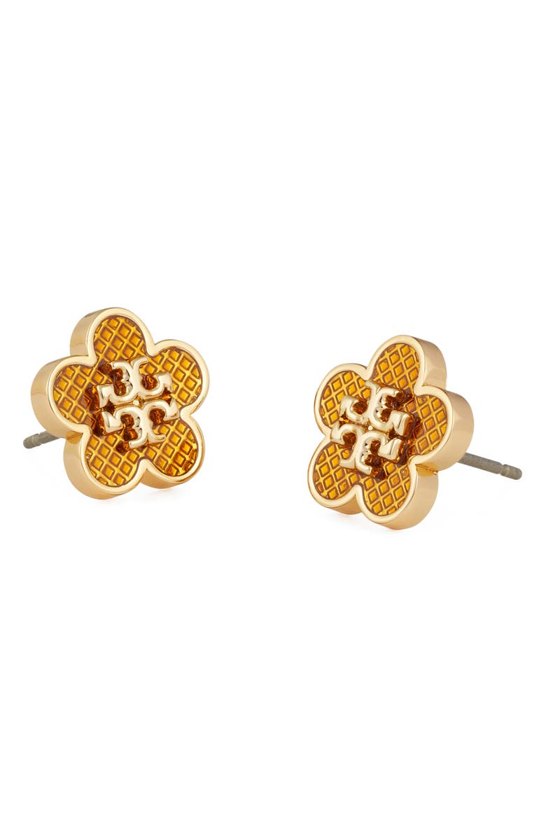 Tory Burch Kira Flower Stud Earrings, Alternate, color, Tory Gold / Brown